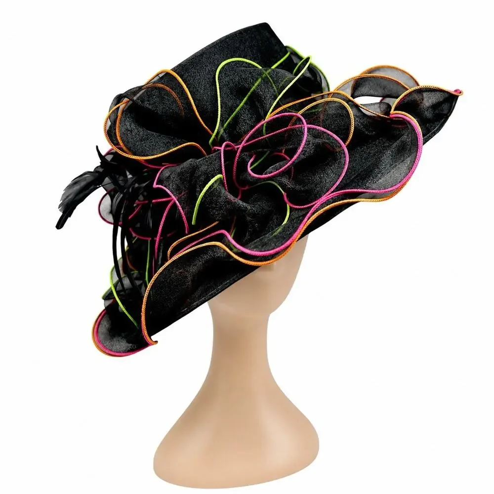 Y2K Black Organza Kentucky Derby Hat Wide Brim Neon Trim Feather Race Day Vtg
